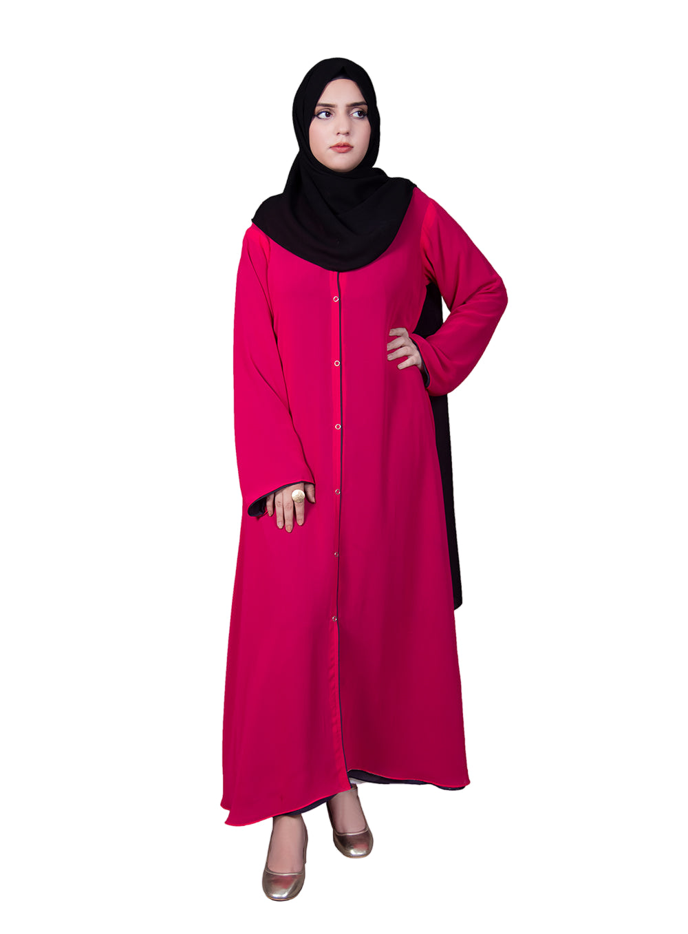 DOUBLE CHIFFON ABAYA BRIGHT PINK & BLACK